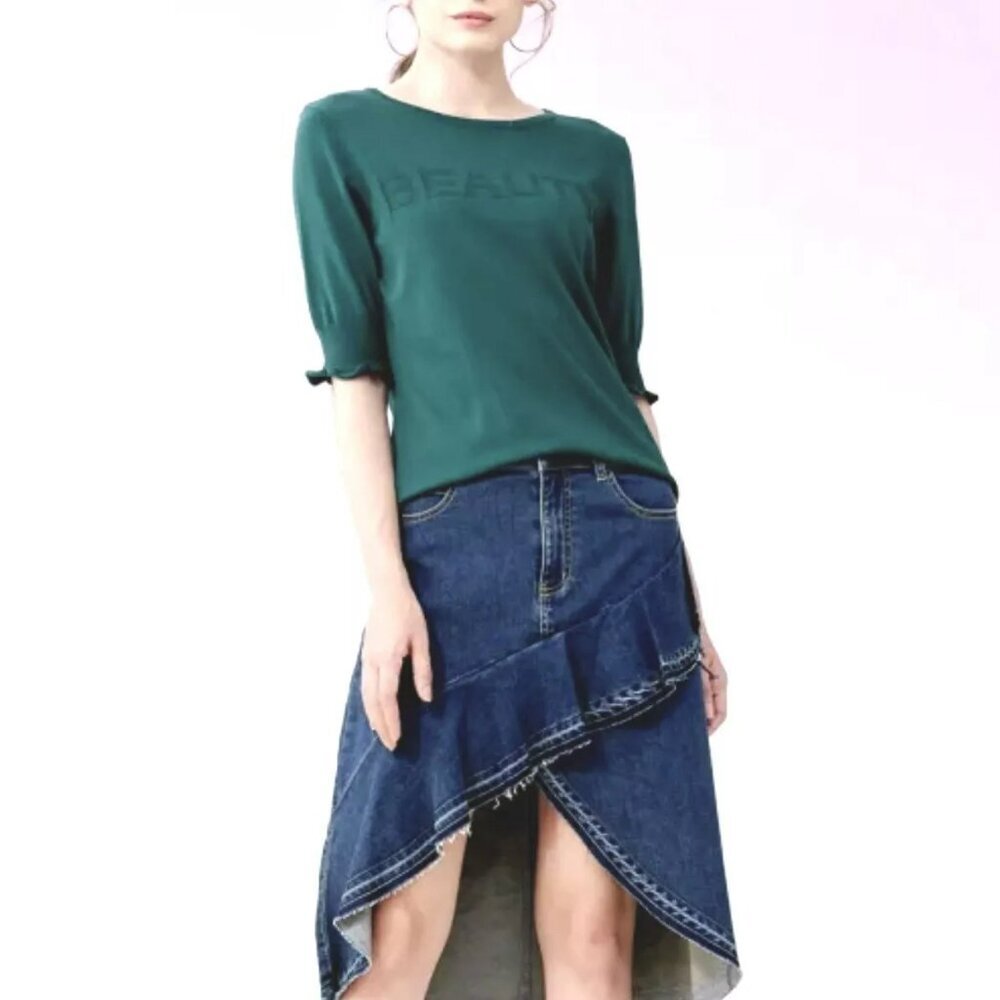 One 5 One Sz S Womens Denim Jean Skirt Asymmetrical Ruffle Medium Wash Stretch